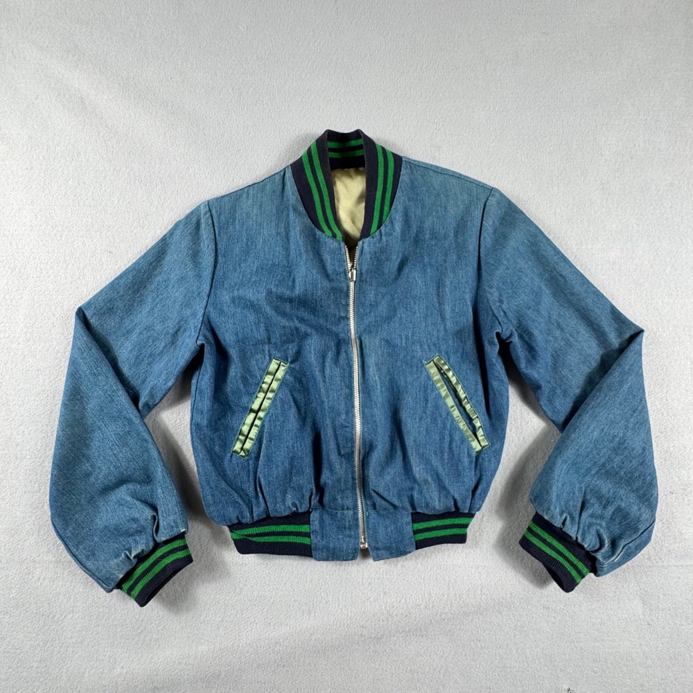 Vintage 70s Happy Legs Reversible Denim Satin Bomber Jacket Union Made USA M